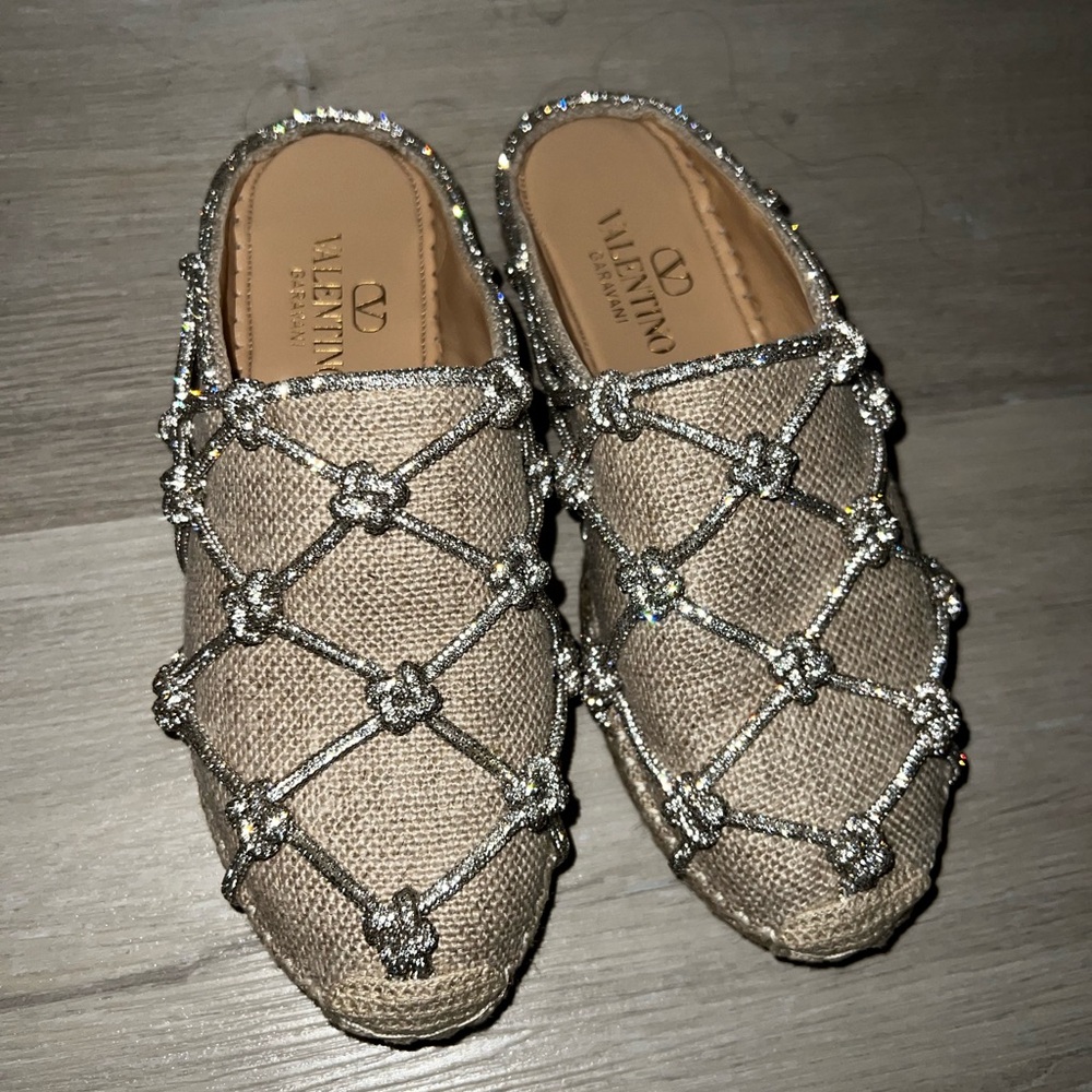 Like new VALENTINO GARAVANI Crystal-embellished linen espadrille mules $1,150 37 - Picture 11 of 13